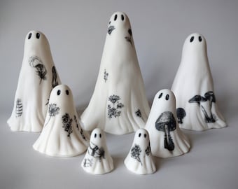 Spooky Ghost Sculpture Ceramic Floral Print or Feather Print