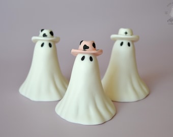 Spooky Ghost Sculpture Ceramic Cowboy Hat Cow Print Ghost