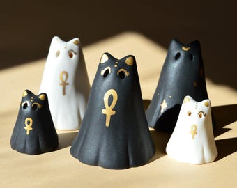 Spooky Ghost Sculpture Ceramic Ancient Egyptian Cat Oracle Ghosts