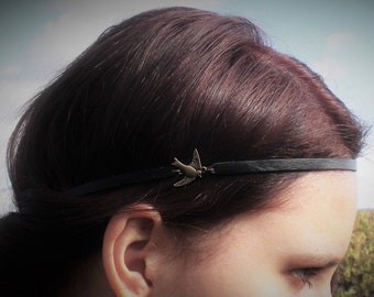 Headband cuir noir et Hirondelle en métal bronze. Bandeau cheveux cuir. Headband Bohême.