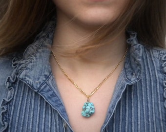 Turquoise stone necklace with gold chain. Turquoise pendant necklace. Gold and stone pendant. Turquoise pendant. Raw turquoise pendant.