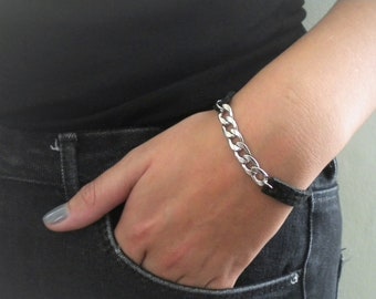 Women's black leather bracelet with silver chain. Rock chic jewelry. rock bracelet. women's rock jewelry. Women's hip hop jewelry, elite women's jewelry