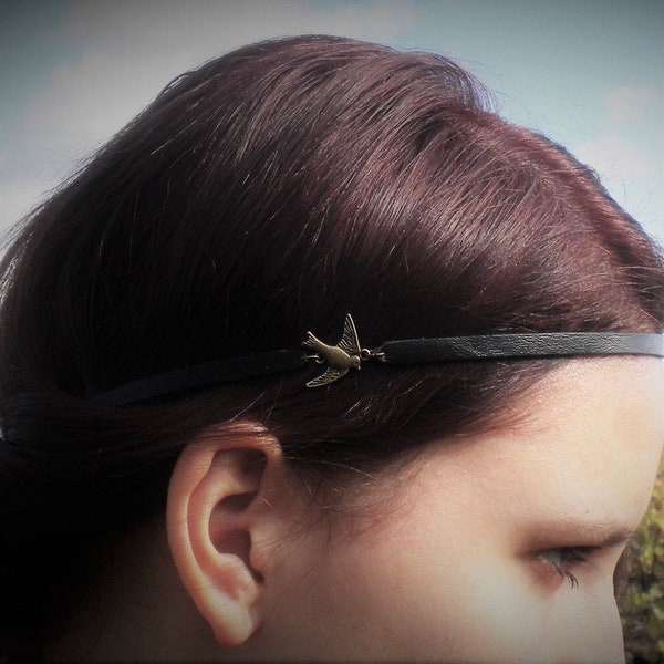 Headband cuir noir et Hirondelle en métal bronze. Bandeau cheveux cuir. Headband Bohême.