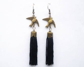 Black tassel earrings, bird motif. Swallow earrings, bohemian earrings, boho women's earrings, bo