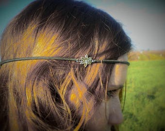 Headband black leather, silver metal flower