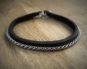 Black leather strap, silver chain. Metal biker jewelry. Gothic leather strap.rock bracelet.viking bracelet. metal jewelry