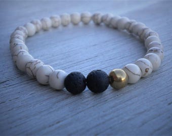 White bracelet for men.Glazed ceramic  bead, lava stone beads,golden pearl