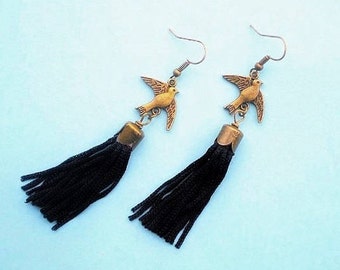 Black pompom earrings, bird pattern. swallow earrings, bohemian earrings, women's boho earrings, bo