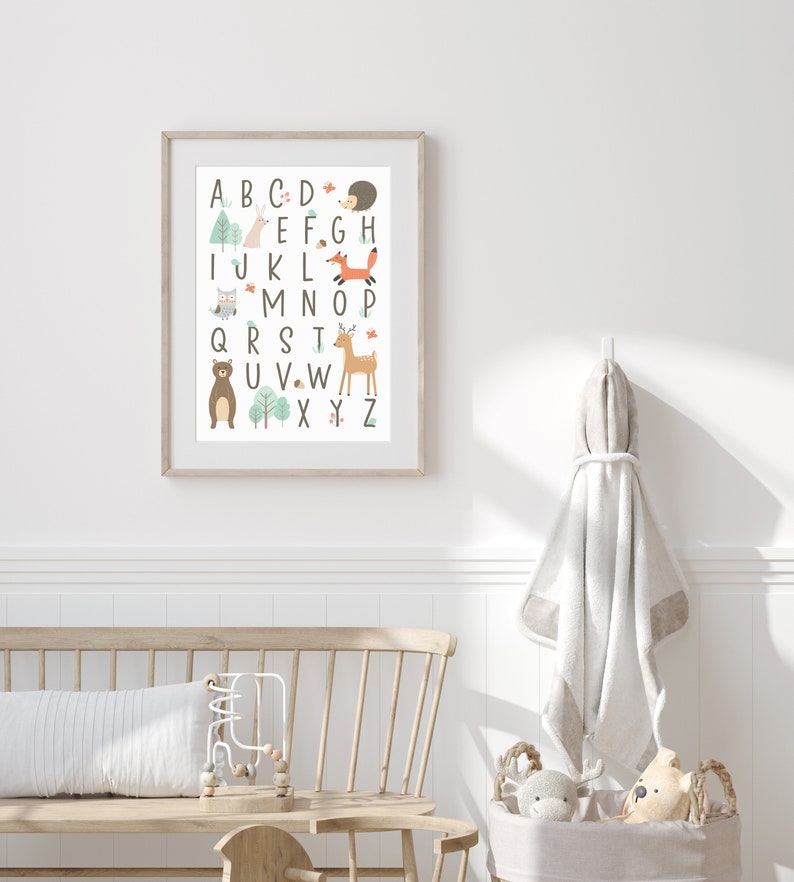 Woodland Alphabet Print Forest Animal ABC Boy Girl Kids Toddler Neutral Mint Wall Decor Bedroom Playroom Play Nursery 8x10 A4 11x14 A3 30x40 image 4