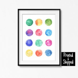 Stampa artistica con pois acquerellati, macchie colorate astratte, decorazione per la casa, arcobaleno a pois, parete per la cameretta dei bambini, regalo per neonati, grande, piccolo, 5x7, 6x8, 8x10, A4, 11x14, A3
