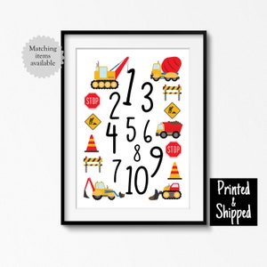 Impresión de números de construcción, linda excavadora para guardería de niños, decoración de pared, dormitorio de niños pequeños, bebés, niños, sala de juegos, 8 x 10, A4, A3, 11 x 14, 30 x 40