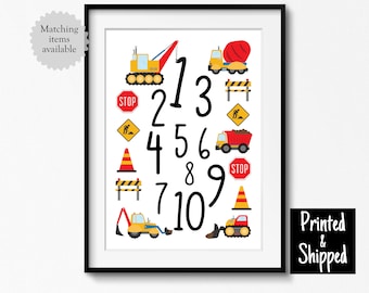 Construction Numbers Print Cute Boys Nursery Digger Wall Art Decor Toddler Boy Baby Kids Childs Bedroom Playroom Room 8x10 A4 A3 11x14 30x40