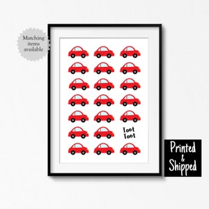 Impresión de coches, linda decoración de pared para guardería, color rojo, Toot Toot, para niños, niños pequeños, dormitorio infantil, sala de juegos, 5 x 7, 6 x 8, 8 x 10, A4, A3, 11 x 14, 30 x 40