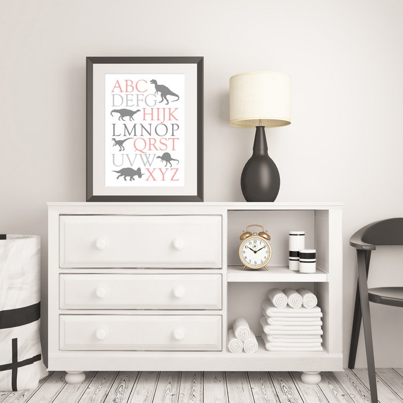 Girls Dinosaur Alphabet Print Pink Grey Poster Bedroom Playroom Nursery ...