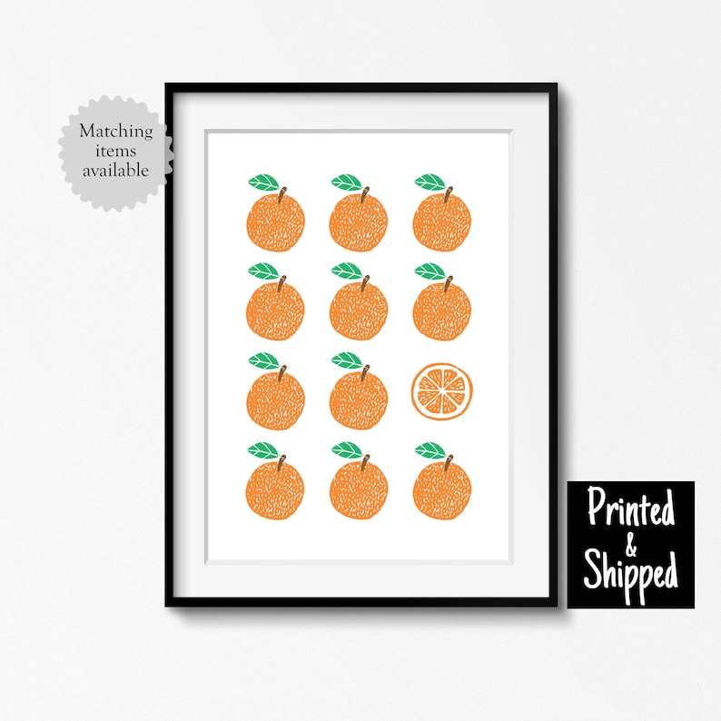 May include: A white background with a grid of 15 orange illustrations. The oranges are all whole except for one, which is a slice. The oranges have green leaves.