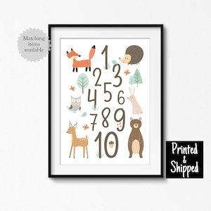 Stampa numeri bosco animali foresta numeri arte murale ragazzo ragazza asilo nido bambini piccoli menta neutra camera da letto sala giochi stanza 8x10 11x14 A4 A3 30x40