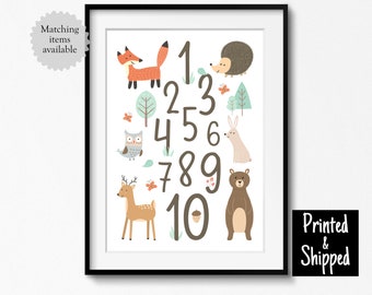 Woodland Numbers Print Forest Animal Number Wall Art Boy Girl Nursery Kids Toddler Neutral Mint Bedroom Playroom Room 8x10 11x14 A4 A3 30x40