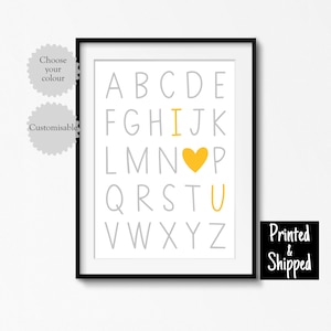 Impresión del alfabeto I Heart You U, color personalizado, dormitorio, lindo cuarto de juegos, guardería, arte de pared para niños, niñas, niños pequeños, sala de juegos, 8 x 10 A4, 11 x 14 A3, 30 x 40 cm