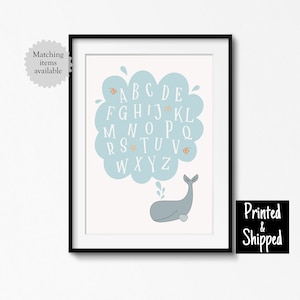 Lindo cartel con estampado de alfabeto de ballena con surtidor de agua ABC gris azul neutro para guardería, habitación infantil náutica, decoración del océano para niños pequeños, 8 x 10, 11 x 14, A4, A3, 30 x 40 cm
