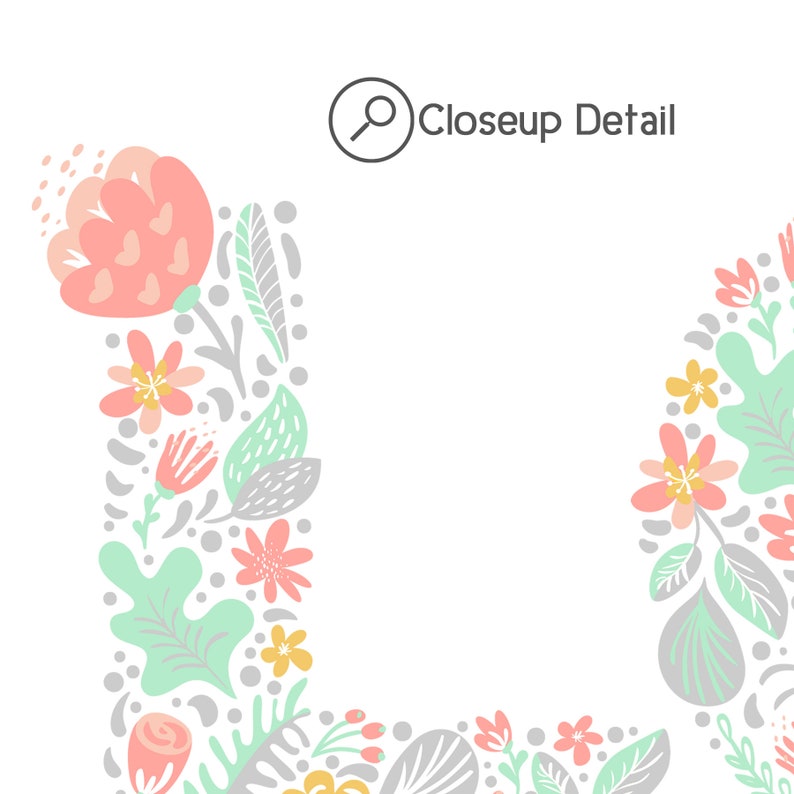 May include: A white background with a floral border. The border is made up of pink, peach, and green flowers and leaves. The text "Closeup Detail" is in the upper right corner.