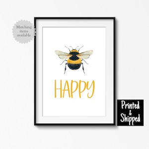 Bee Happy Art Print Carino Natura Nursery Decor Poster Giallo Bumblebee Bambini Ragazzo Ragazza Bambino 5x5 5x7 6x8 7x7 8x10 12x12 11x14 A4 A3 30x40