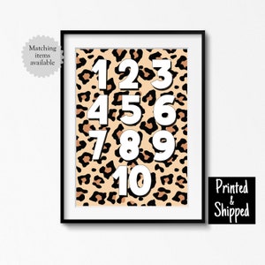 Póster con estampado de leopardo en forma de número, diseño de animales neutros para niños, para dormitorio, sala de juegos, pared, piel, safari, zoológico, 8 x 10, 11 x 14, A4, A3, 30 x 40 cm