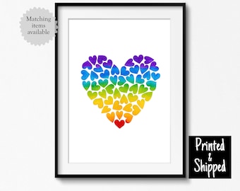 Watercolour Rainbow Heart of Hearts Print Colourful Baby Nursery Boys Girls Playroom Wall Art 5x5 5x7 6x8 7x7 8x10 A4 11x14 A3 30x40 12x12