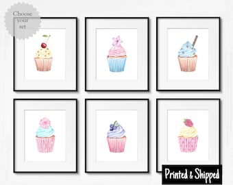 Watercolour Cupcake Art Print Set Pretty Baking Cake Gift Wall Decor Elegant Feminine Chic Nursery Pink Blue Pastel 5x5 5x7 7x7 6x8 8x10 A4