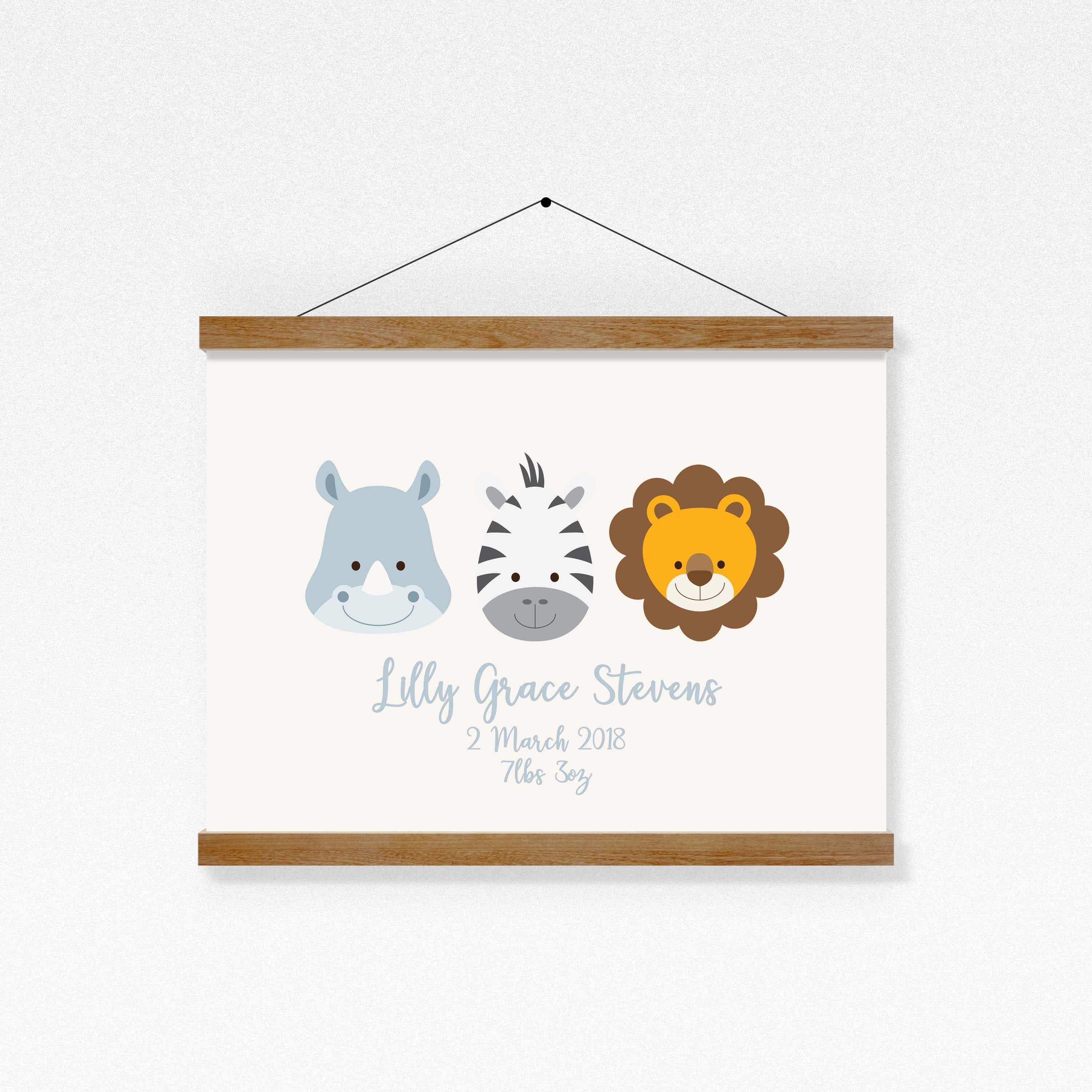 Safari Animals Birth Details Print Baby Stats Print Custom Nursery Gift ...