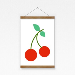May include: A printable wall art design featuring a pair of red cherries with green stems and leaves.