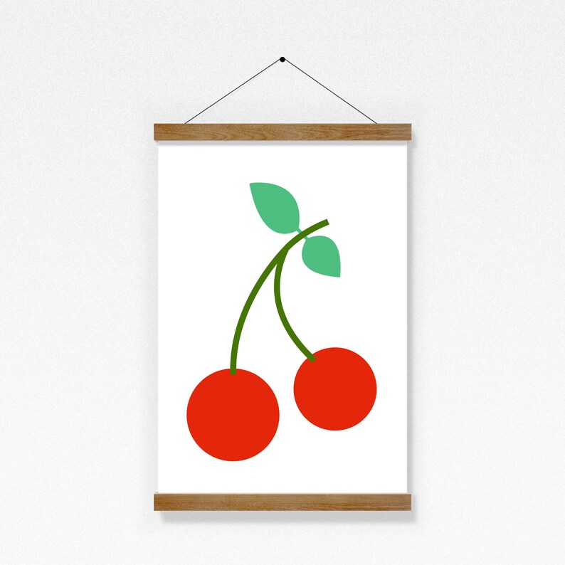 May include: A printable wall art design featuring a pair of red cherries with green stems and leaves.