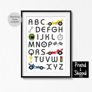 Stampa alfabeto auto da corsa pista da corsa ABC auto poster carino colorato bambini ragazzi sala giochi ragazzi camera da letto arte murale 8x10 A4 A3 11x14 30 x 40 cm