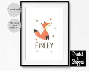 Fox Name Print, Personalised Nursery Playroom Decor, Neutral Childrens Wall Art, Cute Boys Girl Kids Poster 5x7 6x8 8x10 A4 11x14 A3 30x40