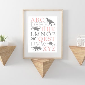 Girls Dinosaur Alphabet Print Pink Grey Poster Bedroom Playroom Nursery ...