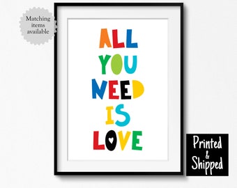 Brightly Coloured All You Need Is Love Word Art Print Neutral Nursery Primary Colour Kids Bedroom Toddler 5x7 6x8 8x10 A4 11x14 A3 30x40cm