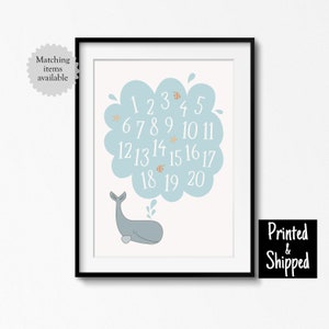 Póster infantil con estampado de números de ballenas, con chorro de agua, neutro, náutico, gris y azul, decoración para habitación infantil, 8 x 10, 11 x 14, tamaño A4, A3, 30 x 40 cm
