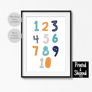 Impresión de números escandinavos en verde azulado, naranja y azul marino para niños, niñas, niños pequeños, decoración de pared para guardería, regalo de 8 x 10 A4, 11 x 14 A3, 30 x 40 cm, impreso