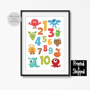 Impresión de números de monstruos, divertida y linda, arte de pared para contar, para niños, niñas, niños pequeños, dormitorio de guardería, sala de juegos, póster divertido para preescolar, 8 x 10, 11 x 14, A4, A3, 30 x 40