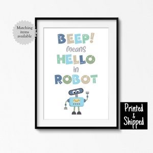 Póster de pared con diseño de robot para niños, diseño de robot en azul, verde, tostado y azul marino. BEEP significa Hola, impreso en robot, 5 x 7, 6 x 8, 8 x 10, A4, 11 x 14, A3, 30 x 40 cm