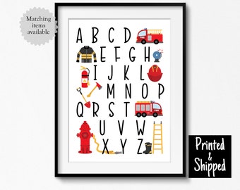 Firefighter Alphabet Print Emergency Fire Truck ABC Nursery Wall Art Decor Toddler Boys Baby Kids Playroom Play Room 8x10 A4 11x14 A3 30x40