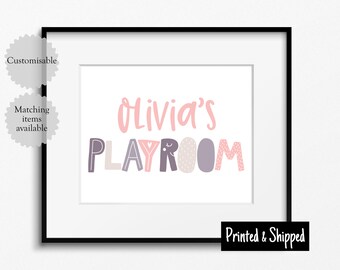 Pink and Purple Girls Playroom Name Sign Personalised Print Poster Kids Toddler Childrens Wall Art Baby Nursery Gift 8x10 A4 11x14 A3 30x40