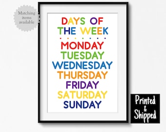 Days of The Week Print Rainbow Preschooler Home School Wall Art Colourful Playroom Boys Girls Kids Childs Childrens 8x10 A4 A3 11x14 30x40