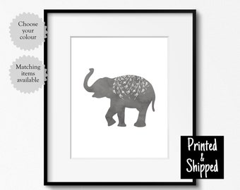 Elephant Art Print Nursery Wall Art Decor Floral Silhouette Watercolour Boys Girls Kids Toddler Bedroom Playroom 5x5 5x7 6x8 7x7 8x10 A4