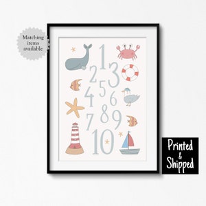 Bonito póster con números para guardería con temática náutica, para contar, para niños, para sala de juegos de niños pequeños, arte de pared para dormitorio infantil, 8 x 10, 11 x 14, tamaño A4, A3, 30 x 40 cm