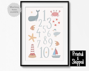 Cute Nautical Nursery Number Print Seaside Themed Counting Kids Poster Toddler Playroom Childrens Bedroom Wall Art 8x10 11x14 A4 A3 30x40cm