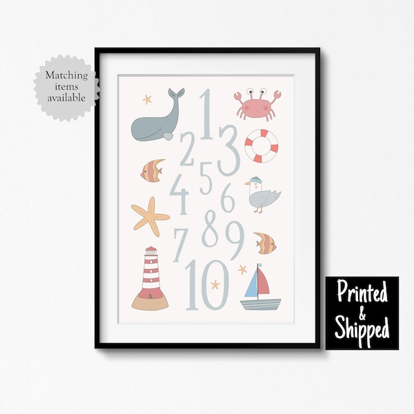 Cute Nautical Nursery Number Print Seaside Themed Counting Kids Poster Toddler Playroom Childrens Bedroom Wall Art 8x10 11x14 A4 A3 30x40cm