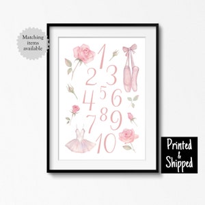 Impresión artística con números con temática de ballet, bonitas y elegantes rosas verdes rosas, estilo vintage, póster decorativo para guardería de niñas, 8 x 10 A4, 11 x 14 A3, 30 x 40 cm