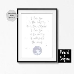 Te amo en la mañana y debajo de la luna impresión artística dulce decoración de pared de guardería gris neutro niño niña 5x7 6x8 8x10 11x14 A4 A3 30 x 40 cm