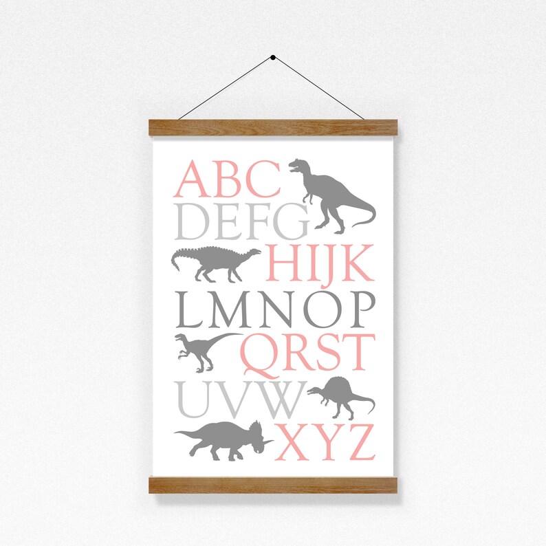 Girls Dinosaur Alphabet Print Pink Grey Poster Bedroom Playroom Nursery ...