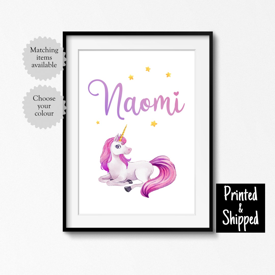 Personalised Unicorn Name Print Pretty Pink Blue Purple Lilac Kids Girls Wall Art Gift Cute ...